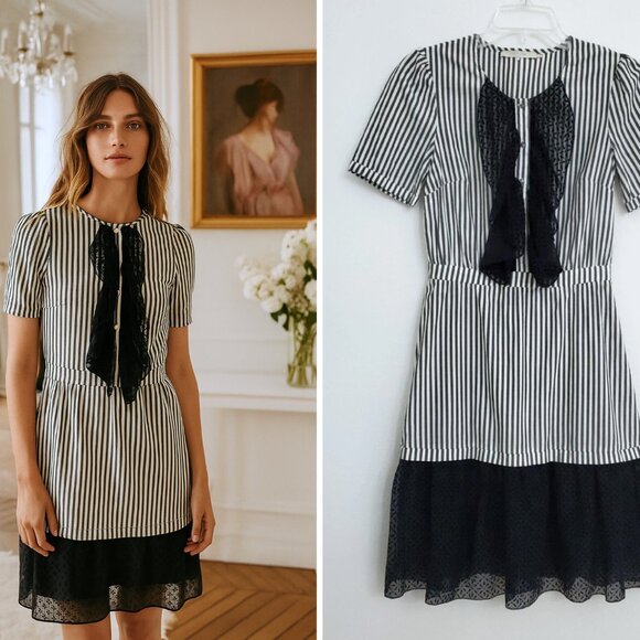 L'autre Chose Stripe Ruffle Lace Made in Italy Women's Academia Cotton Dress 4 - Picture 1 of 13